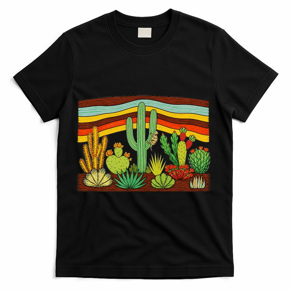 Desert Cactus Western Retro T-Shirt - Black