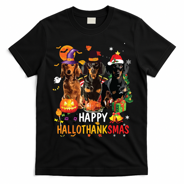 Dachshund Dog Halloween Merry Christmas Happy Hallothanksmas T-Shirt - Black