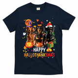 Dachshund Dog Halloween Merry Christmas Happy Hallothanksmas T-Shirt - Navy Blue