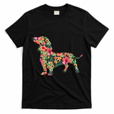 Dachshund Flower Funny Dog Silhouette Floral Gifts Women T-Shirt - Black