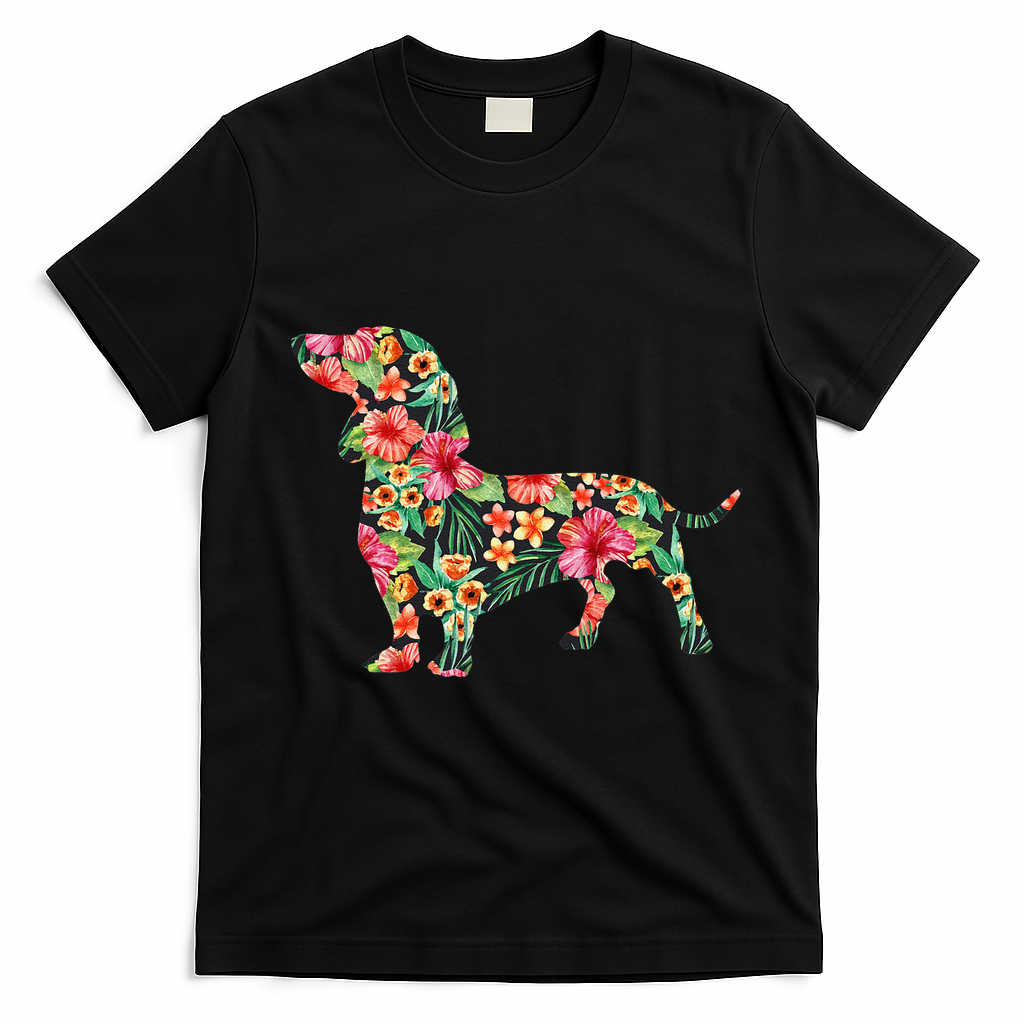 Dachshund Flower Funny Dog Silhouette Floral Gifts Women T-Shirt - Black