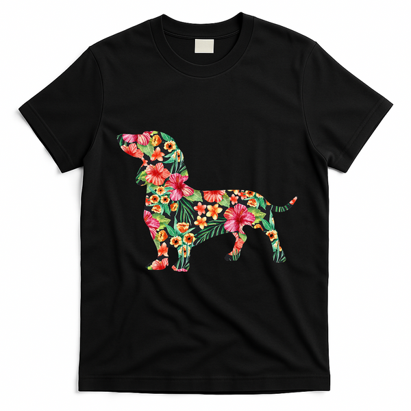 Dachshund Flower Funny Dog Silhouette Floral Gifts Women T-Shirt - Black