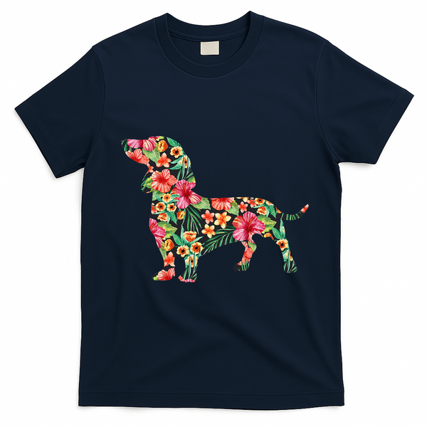 Dachshund Flower Funny Dog Silhouette Floral Gifts Women T-Shirt - Navy Blue