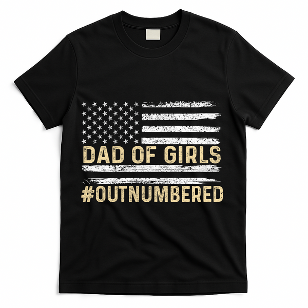 Dad Of Girls Outnumbered American Flag T-Shirt - Black
