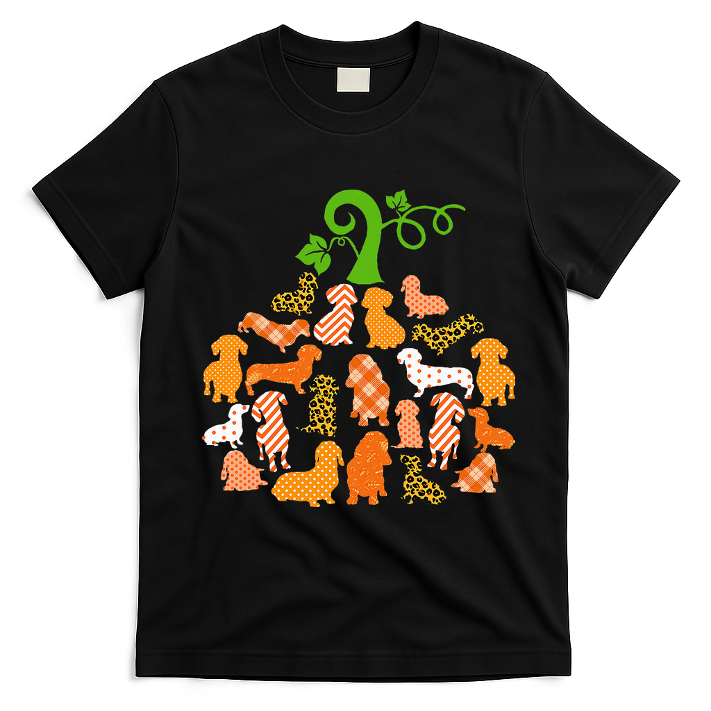 Dachshund Pumpkin Shape Plaid Leopard Dog Autumn Halloween T-Shirt - Black