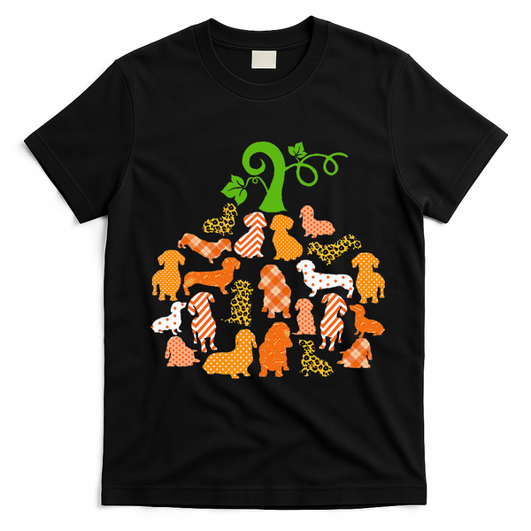 Dachshund Pumpkin Shape Plaid Leopard Dog Autumn Halloween T-Shirt - Black