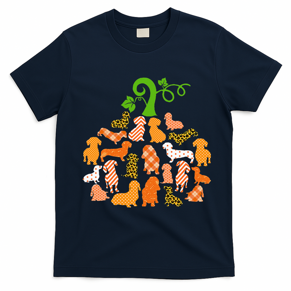 Dachshund Pumpkin Shape Plaid Leopard Dog Autumn Halloween T-Shirt - Navy Blue