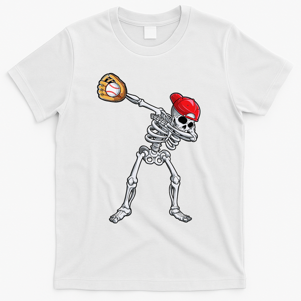 Dabbing Skeleton Baseball Halloween Player Catcher Pitcher T-Shirt - White