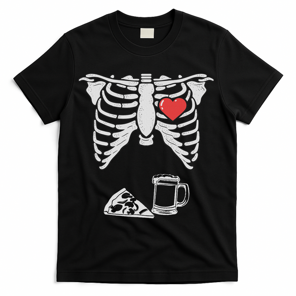 Dad Skeleton Halloween Beer Pizza Funny Pregnancy Couple T-Shirt - Black