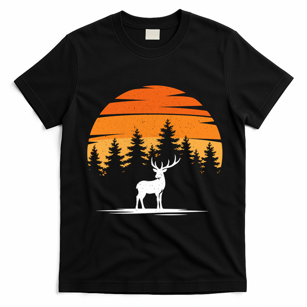 Deer Sunset Mountain Scene Vintage Outdoor Retro T-Shirt - Black