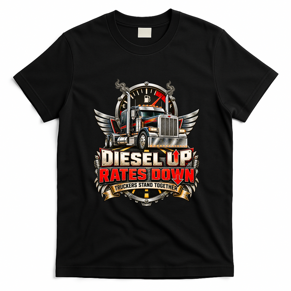 Diesel Up Rates Down Trucking Community Support Truckers Strike T-Shirt - Black