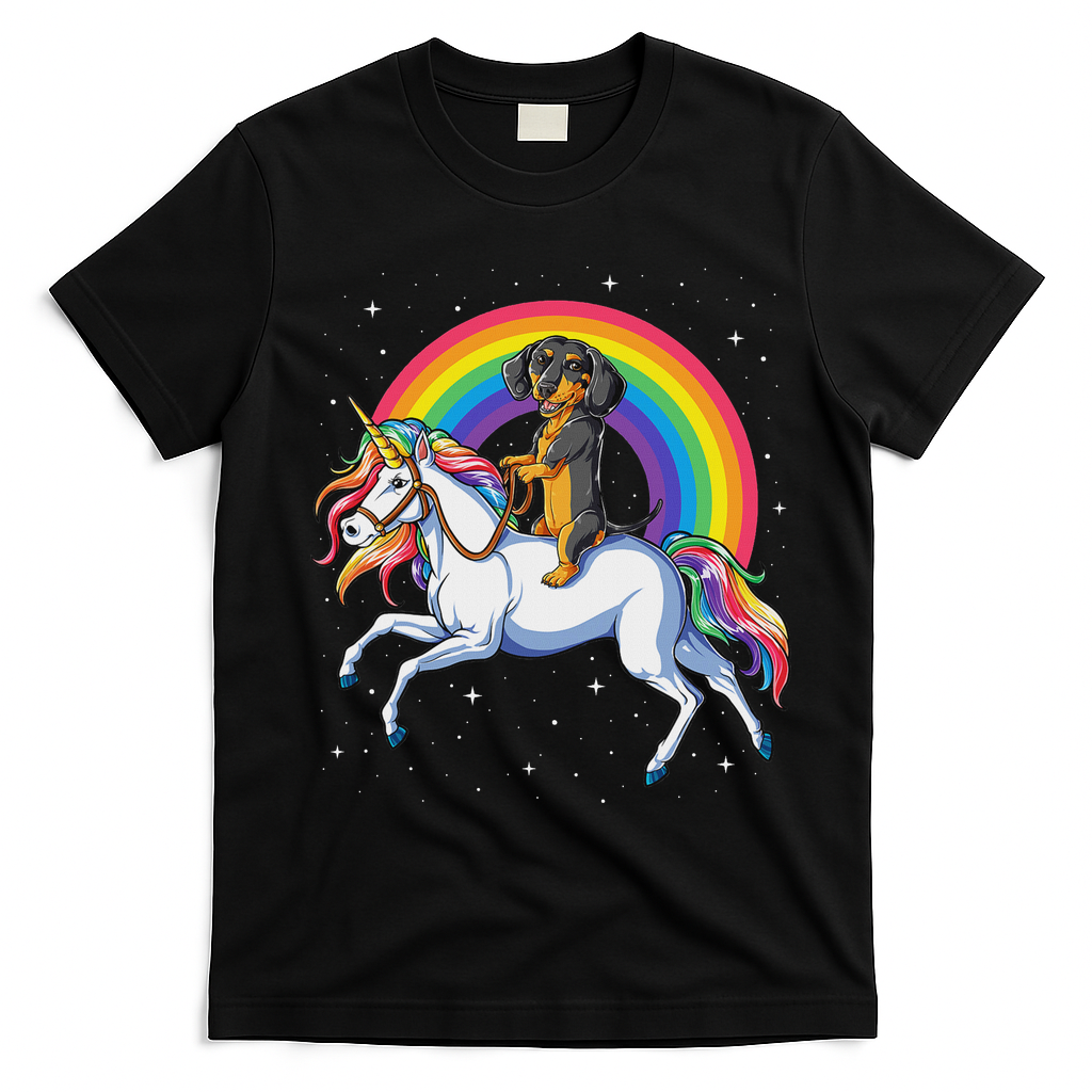 Dachshund Unicorn Space Galaxy Rainbow Dog T-Shirt - Black