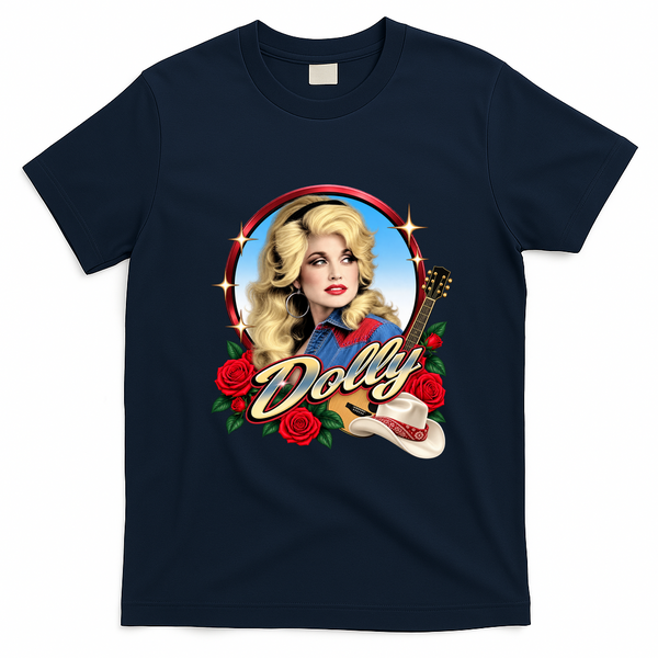 Dolly Western Country Music Floral Tribute Memorial T-Shirt - Navy Blue