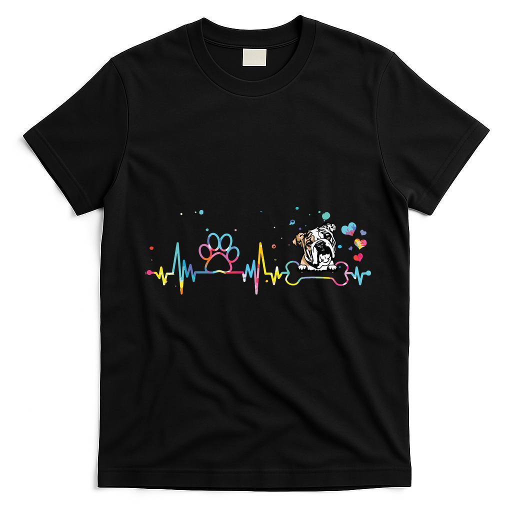 English Bulldog Heartbeat Funny Tie Dye Dog Lovers T-Shirt - Black