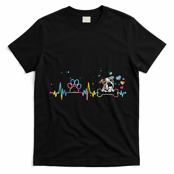 English Bulldog Heartbeat Funny Tie Dye Dog Lovers T-Shirt - Black