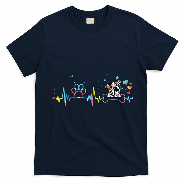 English Bulldog Heartbeat Funny Tie Dye Dog Lovers T-Shirt - Navy Blue