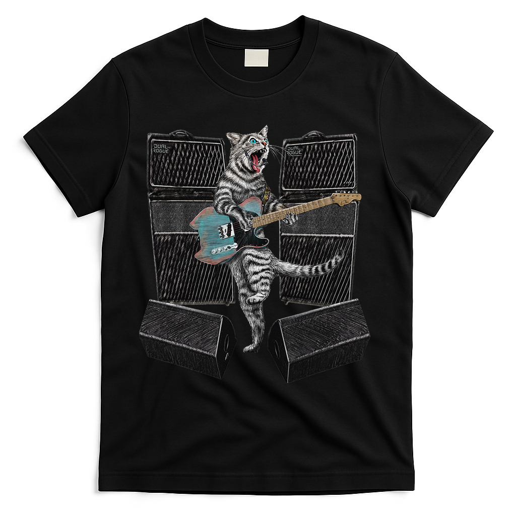 Electric Guitar Cat Amps Monitors Amplified Rockin Kitty T-Shirt - Black