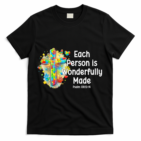 Each Person Is Wonderfully Made Christian Autism T-Shirt - Black