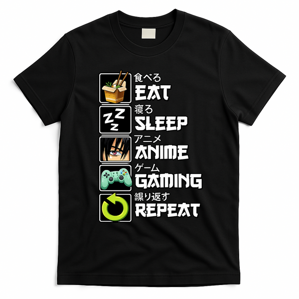 Eat Sleep Anime Gaming Repeat Kawaii Otaku Manga T-Shirt - Black
