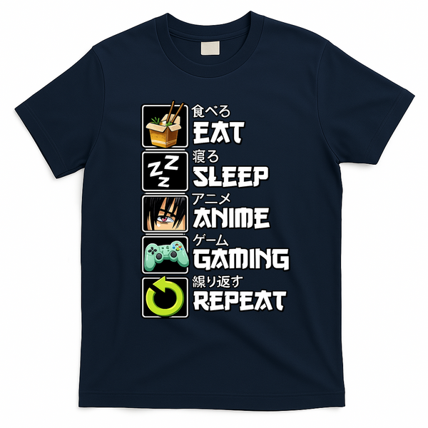 Eat Sleep Anime Gaming Repeat Kawaii Otaku Manga T-Shirt - Navy Blue