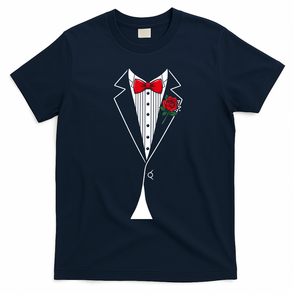 Elegant Tuxedo Red Rose Bow Tie Costume Party Tux T-Shirt - Navy Blue