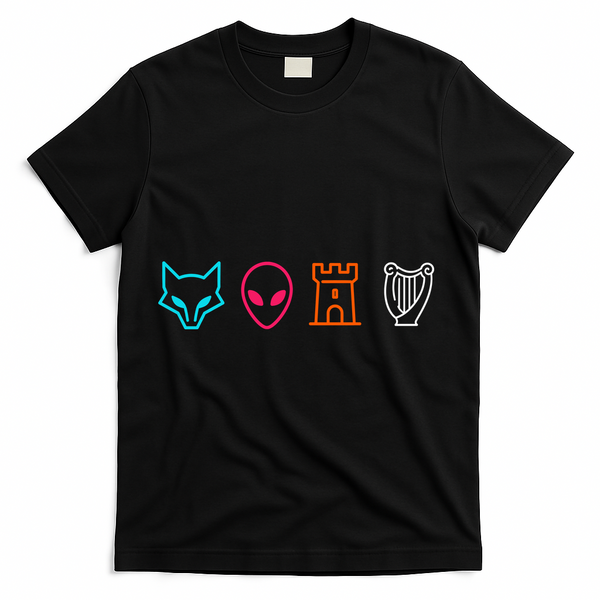 Fox Alien Castle Harp Mystic Icons Emblem T-Shirt - Black