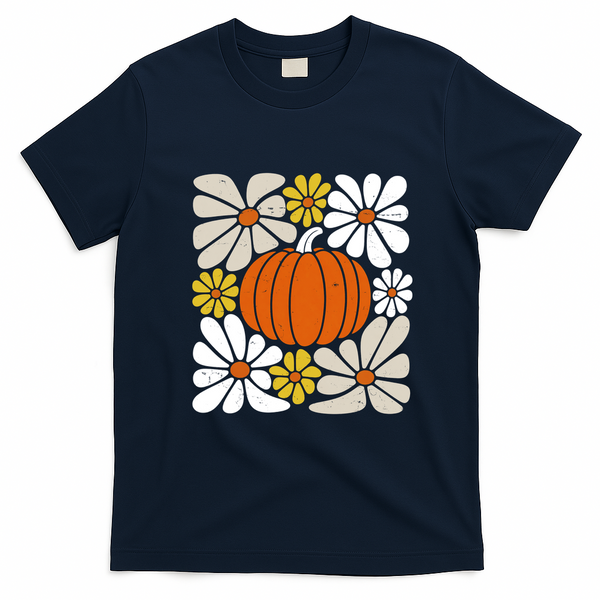 Fall Autumn Halloween Pumpkin Pattern T-Shirt - Navy Blue