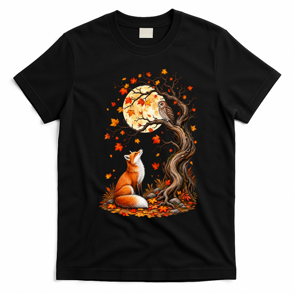 Fox And Owl Autumn Fall T-Shirt - Black