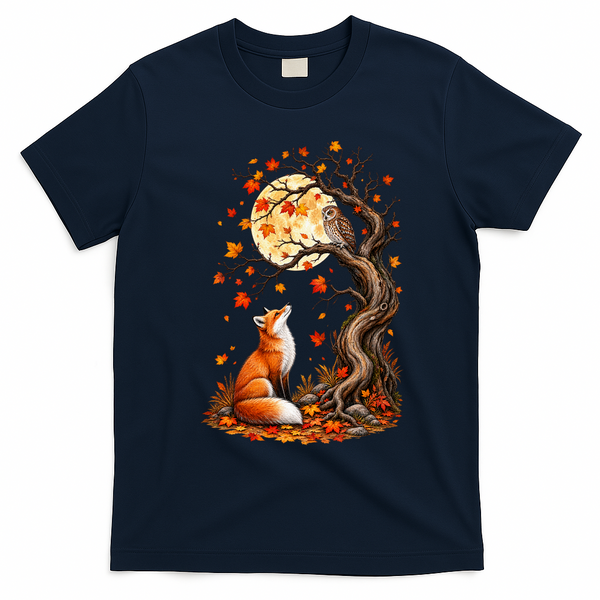 Fox And Owl Autumn Fall T-Shirt - Navy Blue