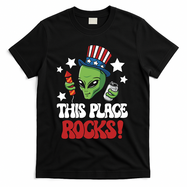 Funny Alien Uncle Sam Rocks Fireworks Party Gift T-Shirt - Black