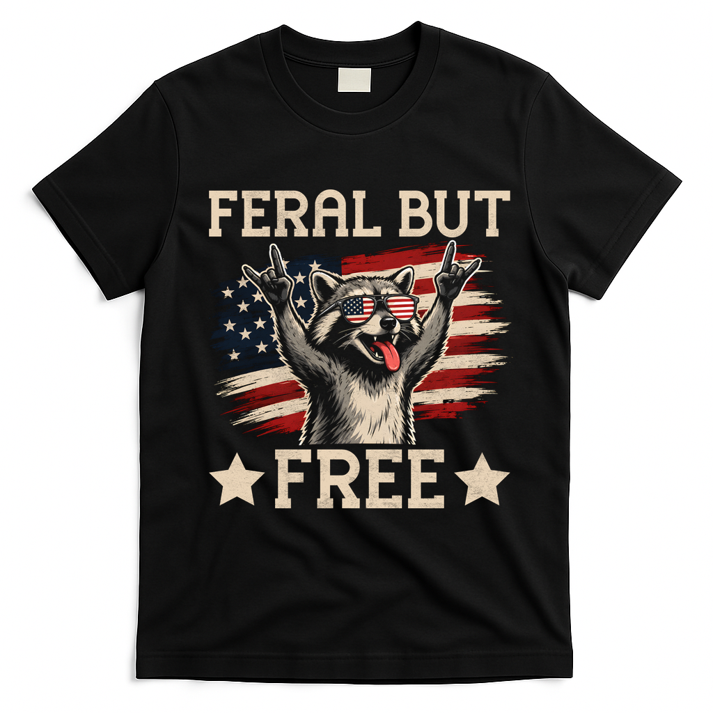 Feral But Free Raccoon USA Freedom America T-Shirt - Black