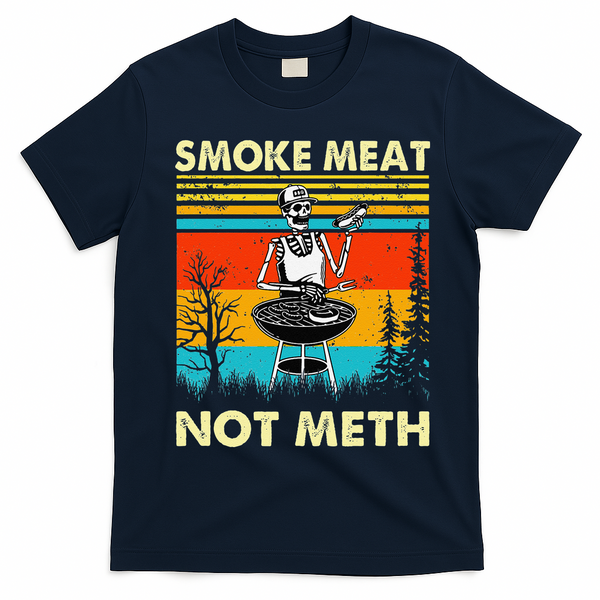 Funny BBQ Skeleton With A Hot Dog Smoke Meat Not Meth Master T-Shirt - Navy Blue