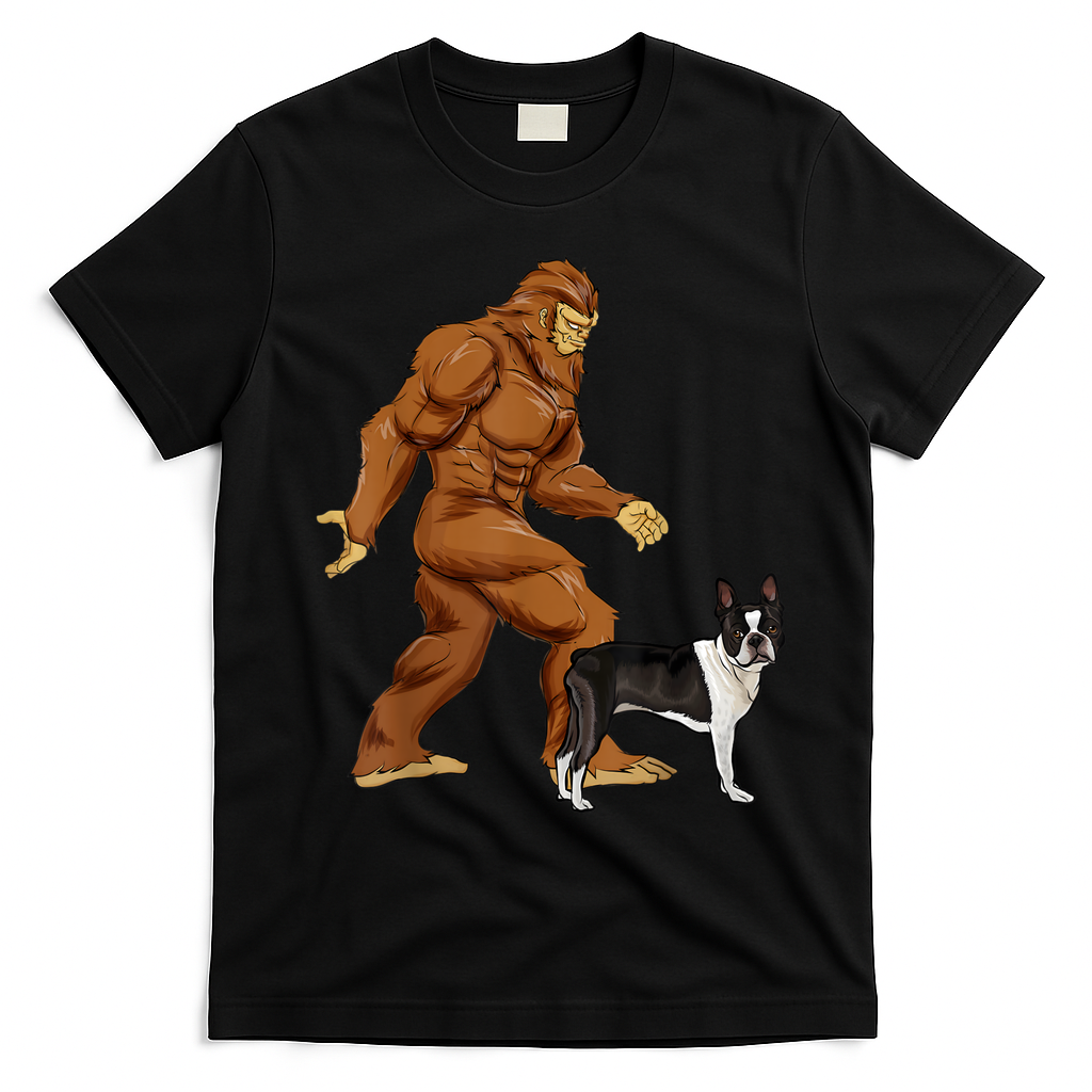 Funny Bigfoot Walking Boston Terrier Sasquatch Dog T-Shirt - Black