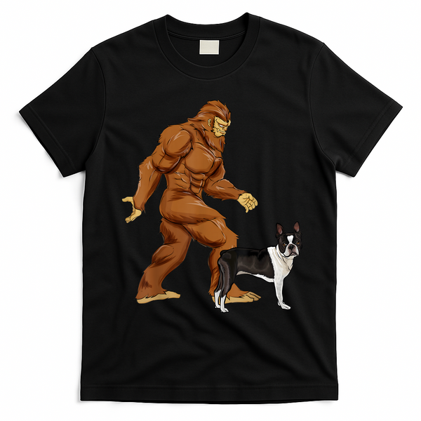 Funny Bigfoot Walking Boston Terrier Sasquatch Dog T-Shirt - Black