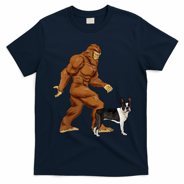 Funny Bigfoot Walking Boston Terrier Sasquatch Dog T-Shirt - Navy Blue