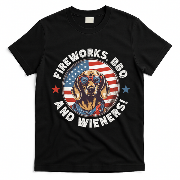 Fireworks BBQ & wieners Funny Weiner Dog July 4th Dachshund T-Shirt - Black
