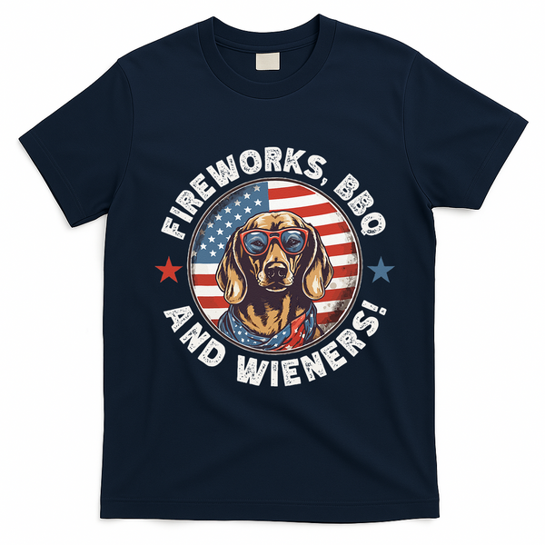 Fireworks BBQ & wieners Funny Weiner Dog July 4th Dachshund T-Shirt - Navy Blue