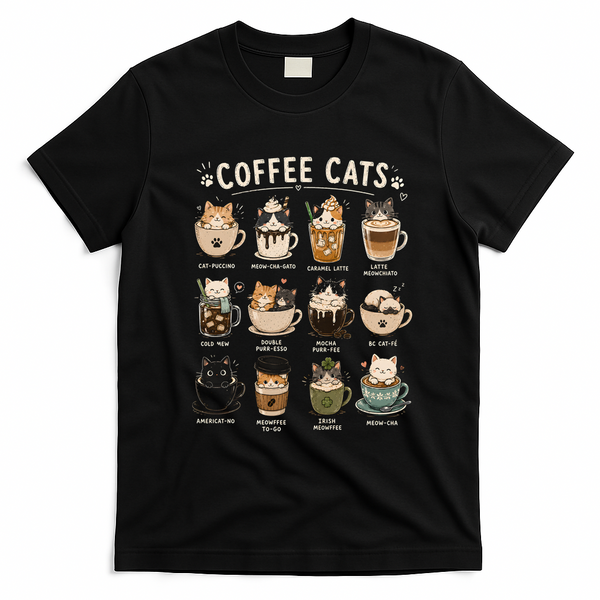 Funny Coffee Cats Cute Cat Themed Beverage T-Shirt - Black