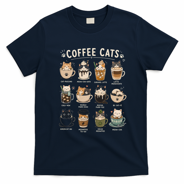 Funny Coffee Cats Cute Cat Themed Beverage T-Shirt - Navy Blue