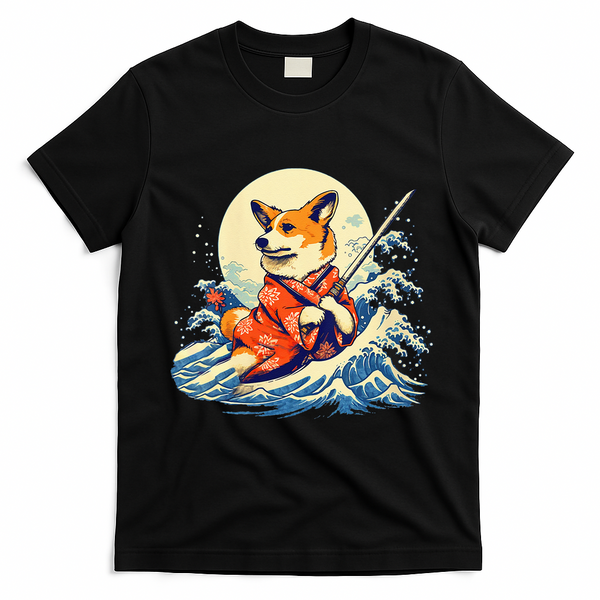 Funny Corgi Dog Japanese Grand Wave Ukiyoe Art Samurai Ninja T-Shirt - Black