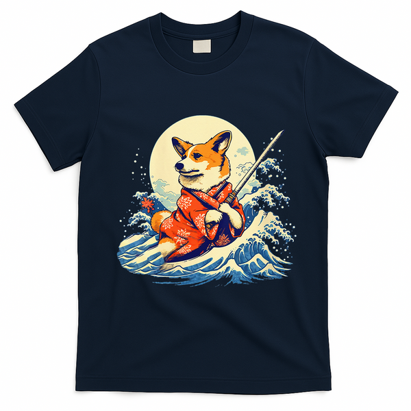 Funny Corgi Dog Japanese Grand Wave Ukiyoe Art Samurai Ninja T-Shirt - Navy Blue