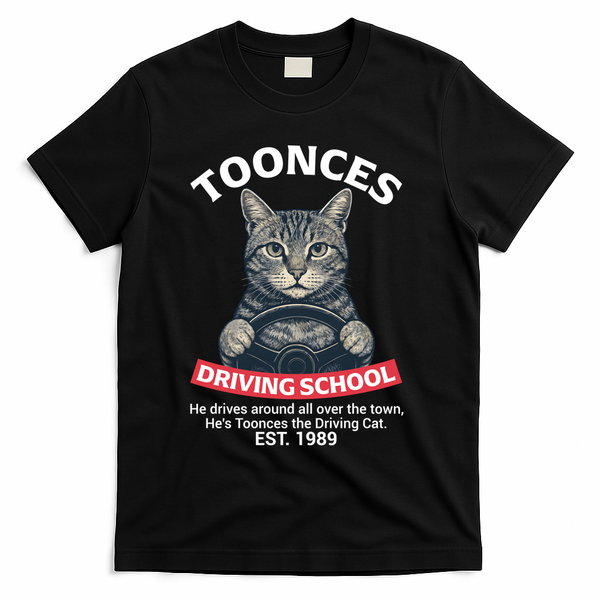 Funny Cat Driving School Graphic with Kitten Steering T-Shirt - Black