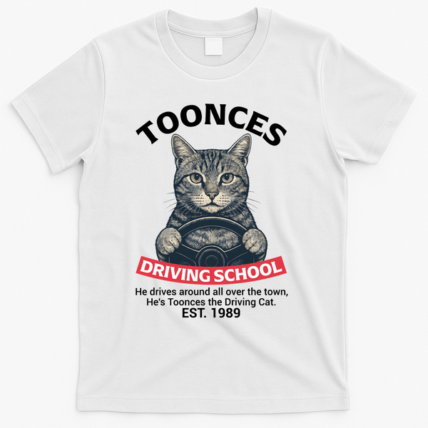 Funny Cat Driving School Graphic with Kitten Steering T-Shirt - White