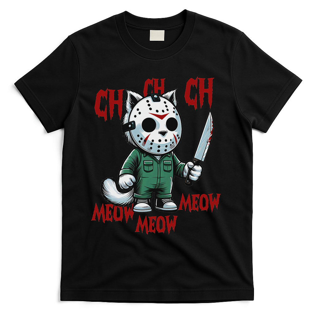 Funny Cat Horror Movies Cute Halloween For Cat Kitty Lovers T-Shirt - Black