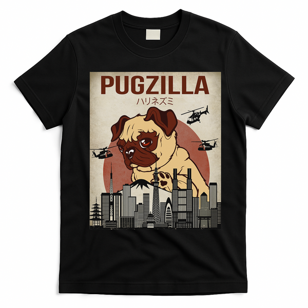 Funny Cute Pet Pajama Pug Dog Outfit Pugzilla T-Shirt - Black