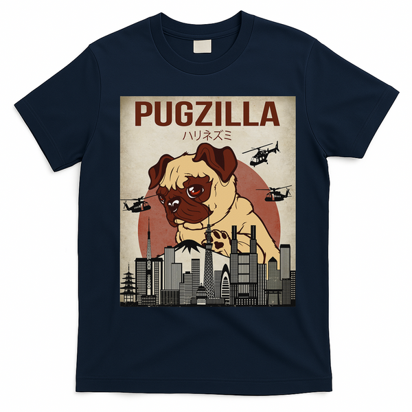 Funny Cute Pet Pajama Pug Dog Outfit Pugzilla T-Shirt - Navy Blue