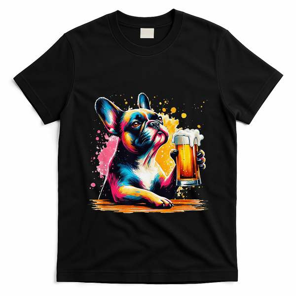 French Dog Beer Drinker Funny French Bulldog T-Shirt - Black