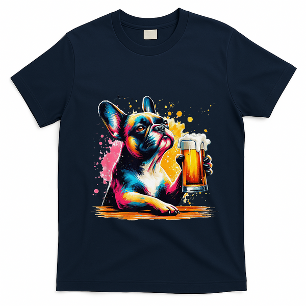 French Dog Beer Drinker Funny French Bulldog T-Shirt - Navy Blue