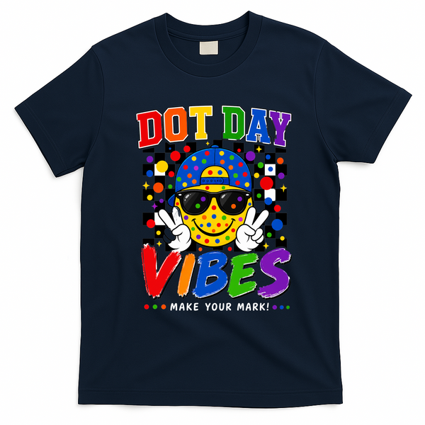 Funny Dot Day Vibes Smile Face Polka Dot T-Shirt - Navy Blue