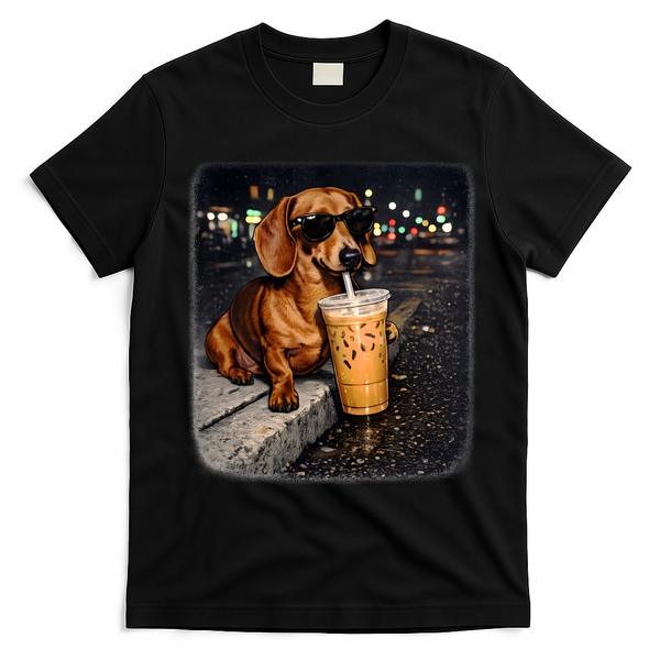 Funny Dachshund Drinking Iced Coffee T-Shirt - Black